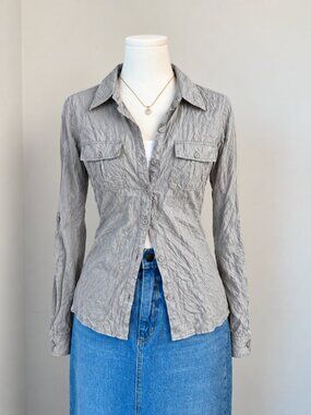Vintage Y2K 100% Silk Go Silk Gray Crinkle Button-Down Shirt M